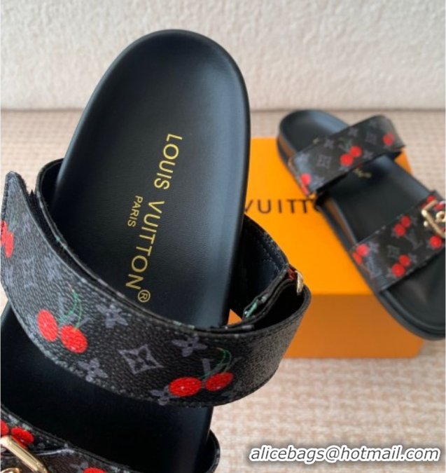 Good Product Louis Vuitton LV x TM Bom Dia Flat Comfort Slides Sandal in Leather with Luscious Cherry Black 0607026