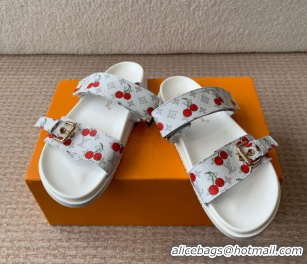 Good Quality Louis Vuitton LV x TM Bom Dia Flat Comfort Slides Sandal in Leather with Luscious Cherry White 0607027