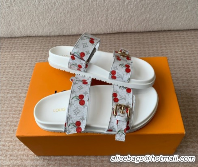 Good Quality Louis Vuitton LV x TM Bom Dia Flat Comfort Slides Sandal in Leather with Luscious Cherry White 0607027