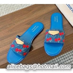 Pretty Style Louis Vuitton LV x TM Lily Flat Slides Sandal in Denim with Luscious Cherry Light Blue 0607029