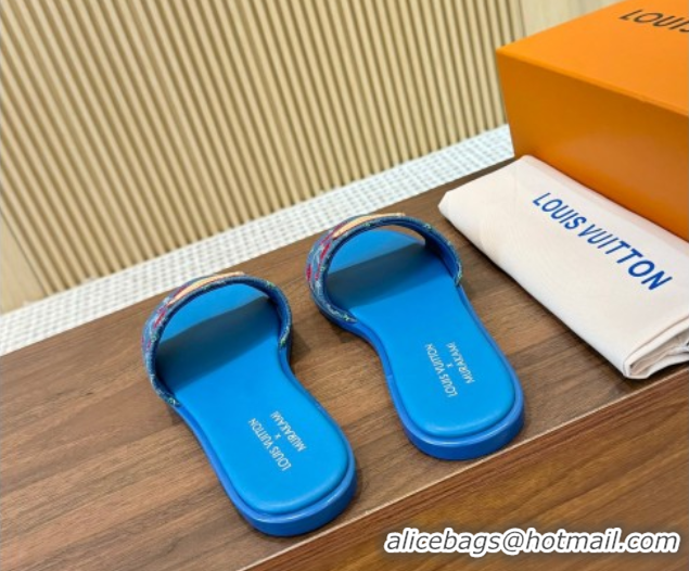 Pretty Style Louis Vuitton LV x TM Lily Flat Slides Sandal in Denim with Luscious Cherry Light Blue 0607029