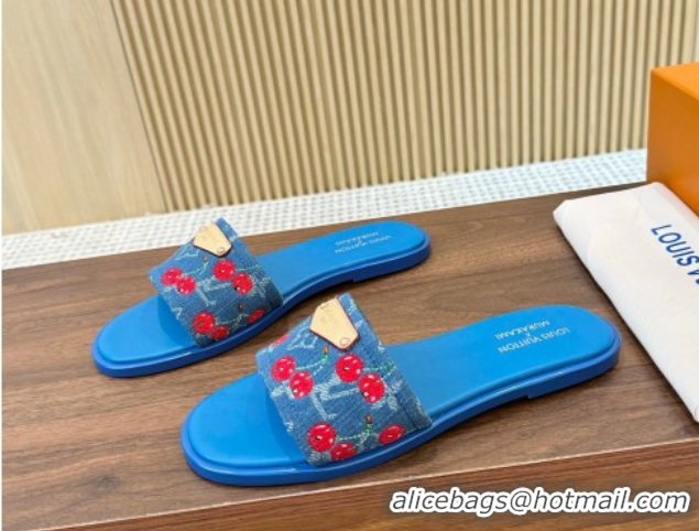 Pretty Style Louis Vuitton LV x TM Lily Flat Slides Sandal in Denim with Luscious Cherry Light Blue 0607029
