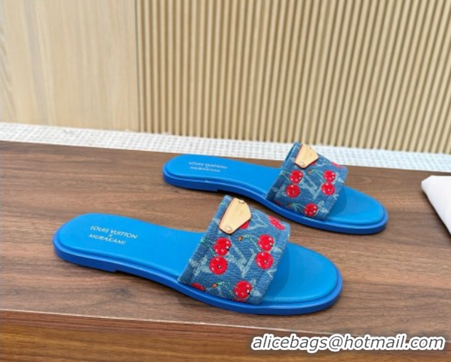 Pretty Style Louis Vuitton LV x TM Lily Flat Slides Sandal in Denim with Luscious Cherry Light Blue 0607029