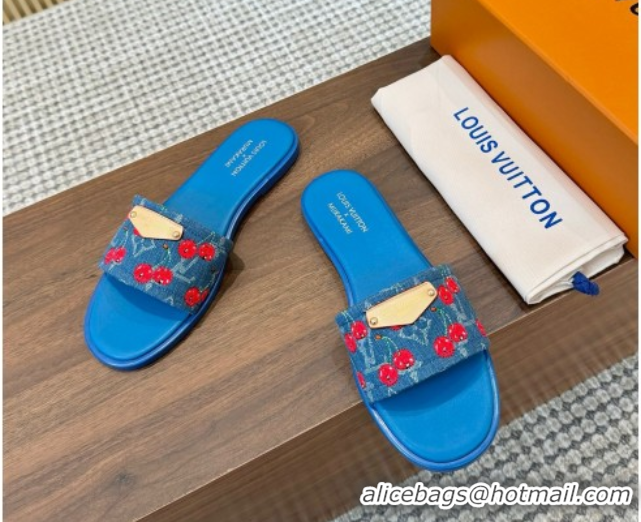 Pretty Style Louis Vuitton LV x TM Lily Flat Slides Sandal in Denim with Luscious Cherry Light Blue 0607029