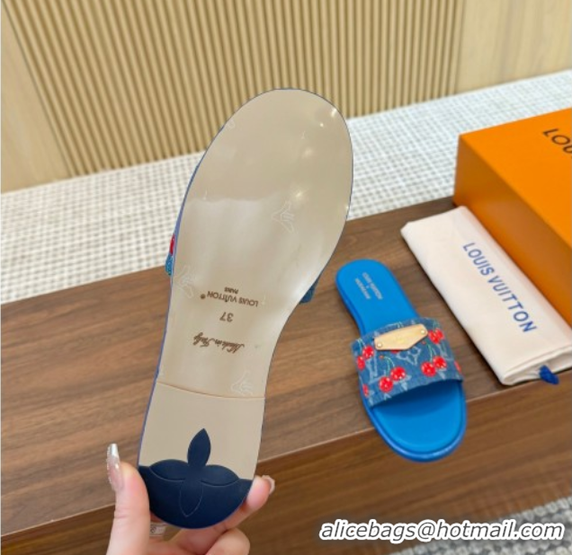 Pretty Style Louis Vuitton LV x TM Lily Flat Slides Sandal in Denim with Luscious Cherry Light Blue 0607029