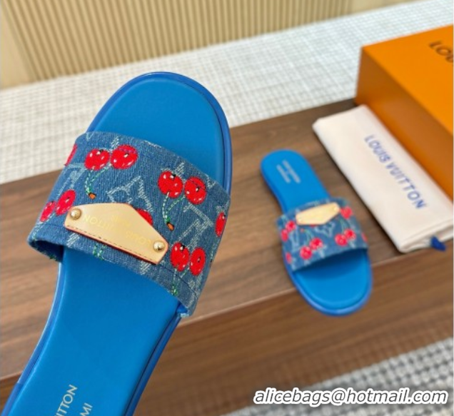 Pretty Style Louis Vuitton LV x TM Lily Flat Slides Sandal in Denim with Luscious Cherry Light Blue 0607029