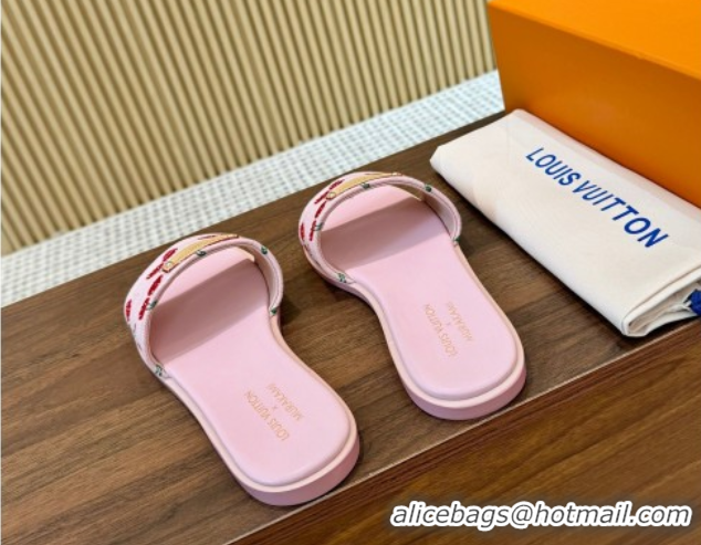 Buy Luxury Louis Vuitton LV x TM Lily Flat Slides Sandal in Denim with Luscious Cherry Pink 0607032
