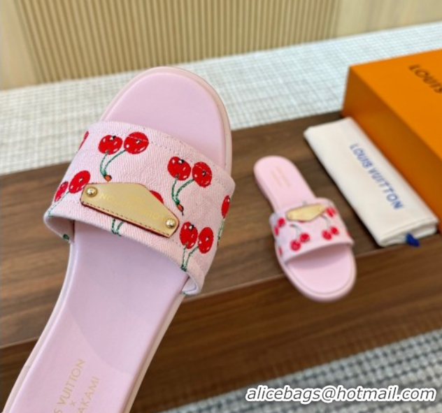 Buy Luxury Louis Vuitton LV x TM Lily Flat Slides Sandal in Denim with Luscious Cherry Pink 0607032