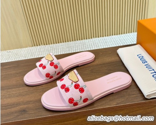 Buy Luxury Louis Vuitton LV x TM Lily Flat Slides Sandal in Denim with Luscious Cherry Pink 0607032