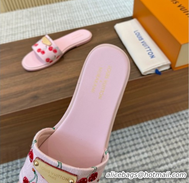Buy Luxury Louis Vuitton LV x TM Lily Flat Slides Sandal in Denim with Luscious Cherry Pink 0607032