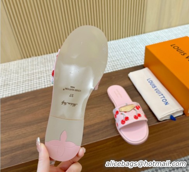 Buy Luxury Louis Vuitton LV x TM Lily Flat Slides Sandal in Denim with Luscious Cherry Pink 0607032