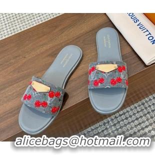 Grade Quality Louis Vuitton LV x TM Lily Flat Slides Sandal in Denim with Luscious Cherry Grey 0607033