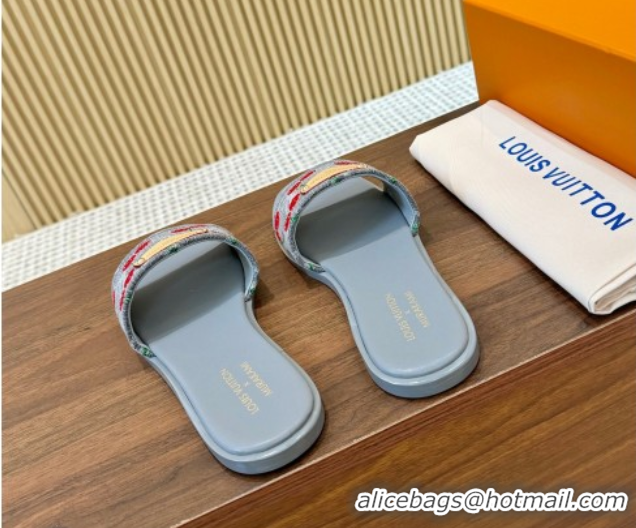 Grade Quality Louis Vuitton LV x TM Lily Flat Slides Sandal in Denim with Luscious Cherry Grey 0607033