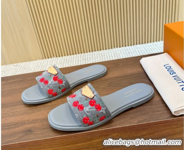 Grade Quality Louis Vuitton LV x TM Lily Flat Slides Sandal in Denim with Luscious Cherry Grey 0607033