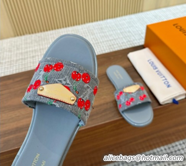 Grade Quality Louis Vuitton LV x TM Lily Flat Slides Sandal in Denim with Luscious Cherry Grey 0607033