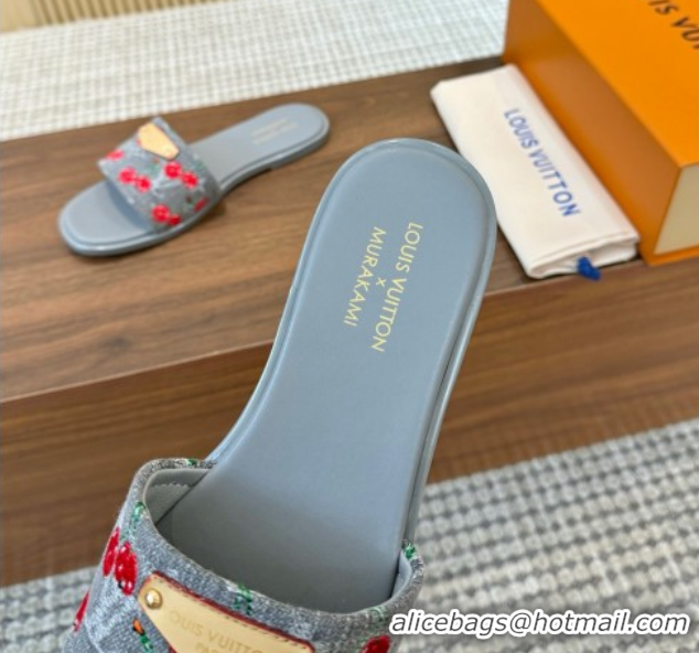 Grade Quality Louis Vuitton LV x TM Lily Flat Slides Sandal in Denim with Luscious Cherry Grey 0607033