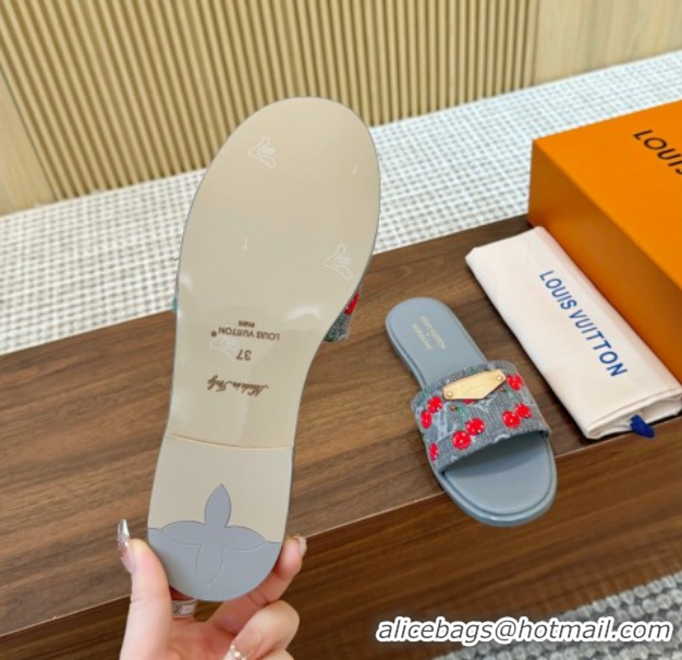 Grade Quality Louis Vuitton LV x TM Lily Flat Slides Sandal in Denim with Luscious Cherry Grey 0607033
