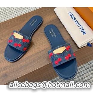 Best Grade Louis Vuitton LV x TM Lily Flat Slides Sandal in Denim with Luscious Cherry Dark Blue 0607030