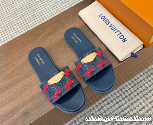 Best Grade Louis Vuitton LV x TM Lily Flat Slides Sandal in Denim with Luscious Cherry Dark Blue 0607030