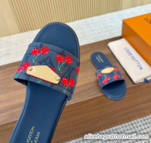 Best Grade Louis Vuitton LV x TM Lily Flat Slides Sandal in Denim with Luscious Cherry Dark Blue 0607030