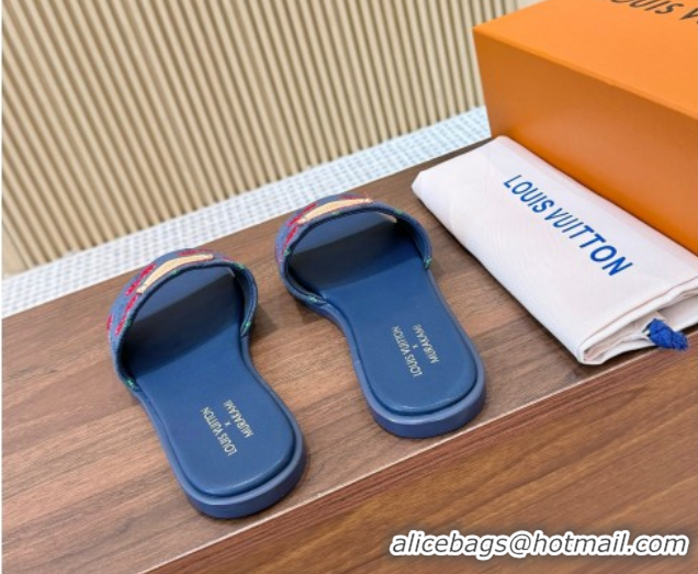 Best Grade Louis Vuitton LV x TM Lily Flat Slides Sandal in Denim with Luscious Cherry Dark Blue 0607030