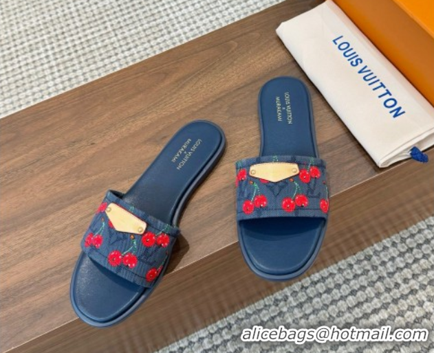 Best Grade Louis Vuitton LV x TM Lily Flat Slides Sandal in Denim with Luscious Cherry Dark Blue 0607030