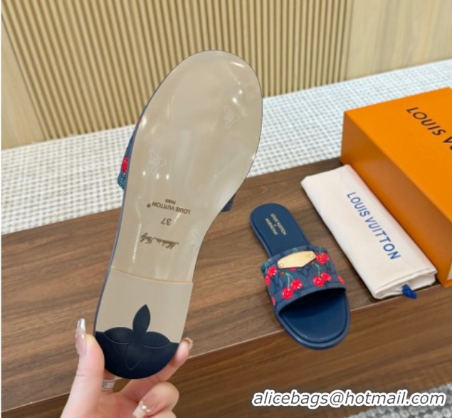 Best Grade Louis Vuitton LV x TM Lily Flat Slides Sandal in Denim with Luscious Cherry Dark Blue 0607030