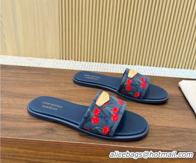 Best Grade Louis Vuitton LV x TM Lily Flat Slides Sandal in Denim with Luscious Cherry Dark Blue 0607030