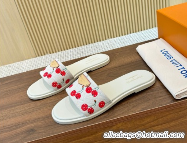 Low Price Louis Vuitton LV x TM Lily Flat Slides Sandal in Denim with Luscious Cherry White 0607034