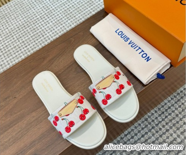 Low Price Louis Vuitton LV x TM Lily Flat Slides Sandal in Denim with Luscious Cherry White 0607034