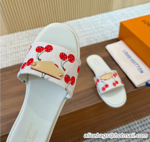Low Price Louis Vuitton LV x TM Lily Flat Slides Sandal in Denim with Luscious Cherry White 0607034