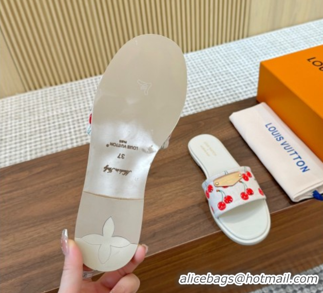 Low Price Louis Vuitton LV x TM Lily Flat Slides Sandal in Denim with Luscious Cherry White 0607034