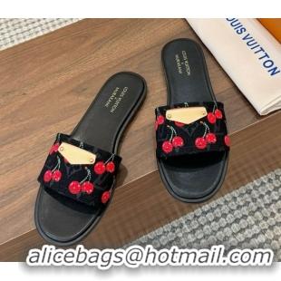 Good Looking Louis Vuitton LV x TM Lily Flat Slides Sandal in Denim with Luscious Cherry Black 0607035