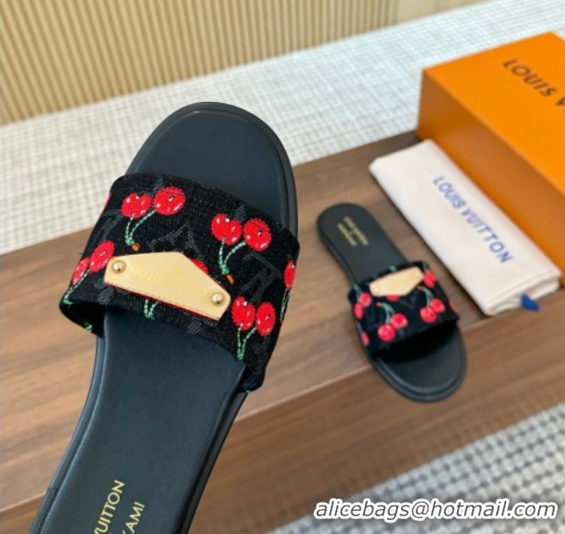 Good Looking Louis Vuitton LV x TM Lily Flat Slides Sandal in Denim with Luscious Cherry Black 0607035