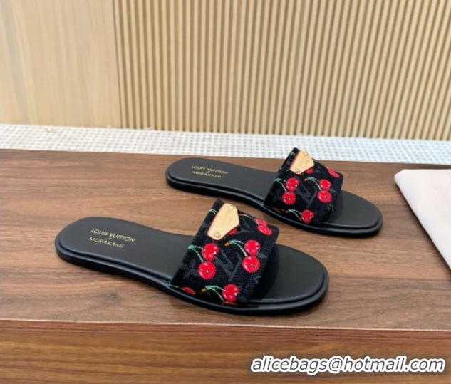 Good Looking Louis Vuitton LV x TM Lily Flat Slides Sandal in Denim with Luscious Cherry Black 0607035