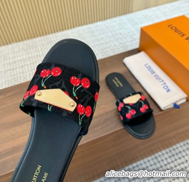 Good Looking Louis Vuitton LV x TM Lily Flat Slides Sandal in Denim with Luscious Cherry Black 0607035