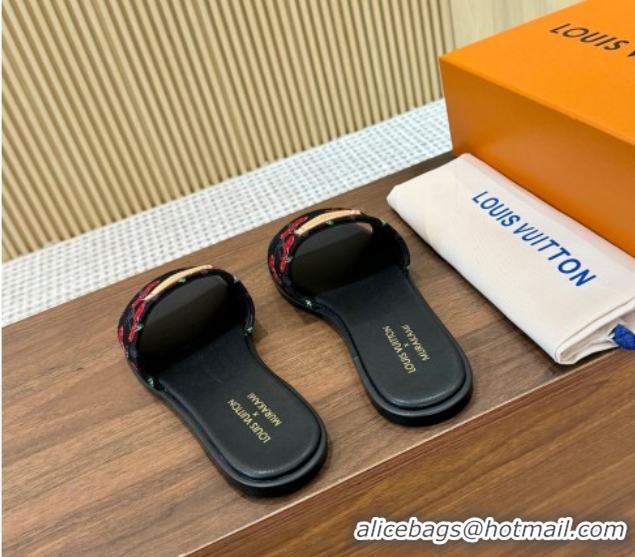 Good Looking Louis Vuitton LV x TM Lily Flat Slides Sandal in Denim with Luscious Cherry Black 0607035