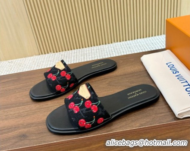Good Looking Louis Vuitton LV x TM Lily Flat Slides Sandal in Denim with Luscious Cherry Black 0607035