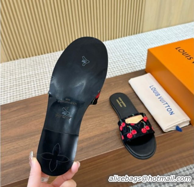 Good Looking Louis Vuitton LV x TM Lily Flat Slides Sandal in Denim with Luscious Cherry Black 0607035