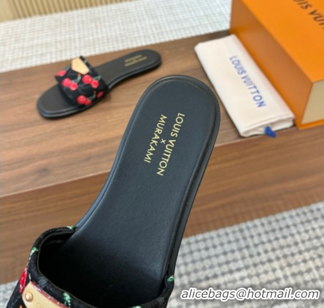 Good Looking Louis Vuitton LV x TM Lily Flat Slides Sandal in Denim with Luscious Cherry Black 0607035