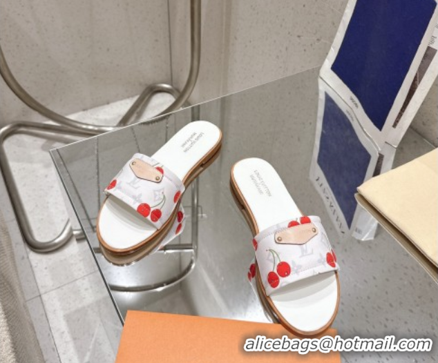 Fashion Louis Vuitton LV x TM Lily Flat Slides Sandal in Calfskin with Luscious Cherry White 0607036