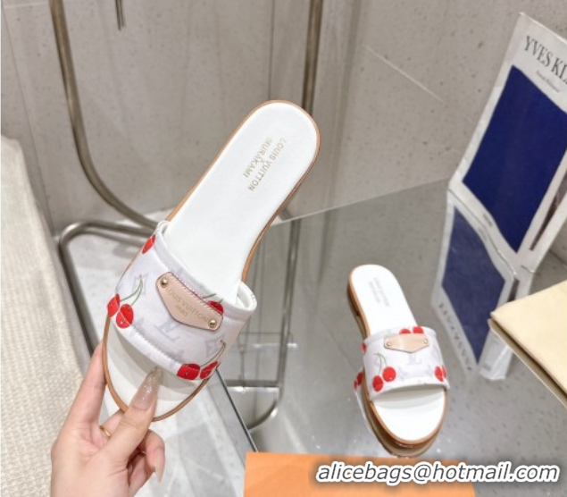 Fashion Louis Vuitton LV x TM Lily Flat Slides Sandal in Calfskin with Luscious Cherry White 0607036
