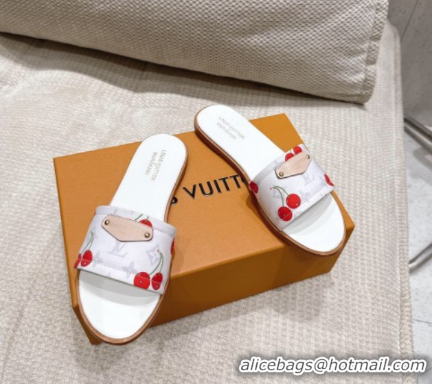 Fashion Louis Vuitton LV x TM Lily Flat Slides Sandal in Calfskin with Luscious Cherry White 0607036