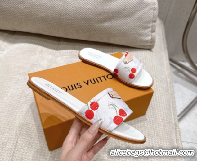 Fashion Louis Vuitton LV x TM Lily Flat Slides Sandal in Calfskin with Luscious Cherry White 0607036