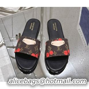 Discount Louis Vuitton LV x TM Lily Flat Slides Sandal in Calfskin with Luscious Cherry Brown 0607037
