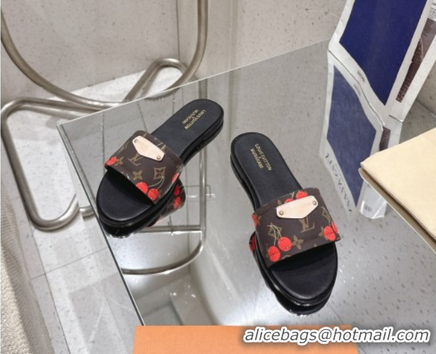 Discount Louis Vuitton LV x TM Lily Flat Slides Sandal in Calfskin with Luscious Cherry Brown 0607037