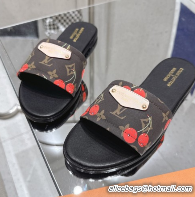 Discount Louis Vuitton LV x TM Lily Flat Slides Sandal in Calfskin with Luscious Cherry Brown 0607037