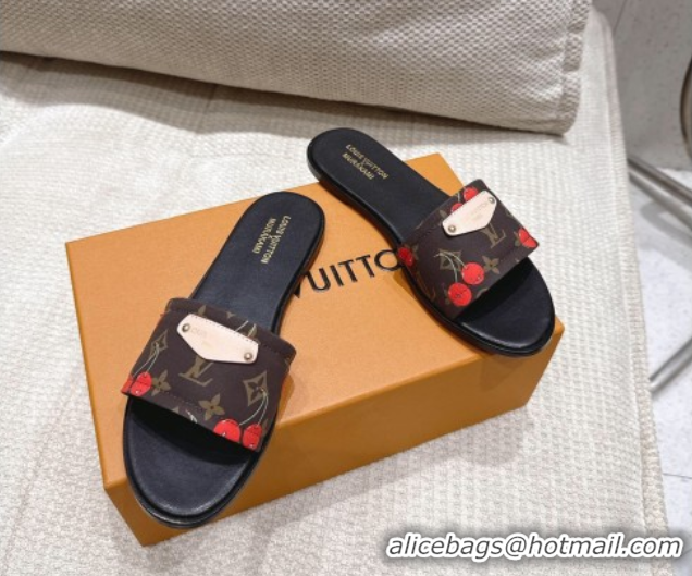 Discount Louis Vuitton LV x TM Lily Flat Slides Sandal in Calfskin with Luscious Cherry Brown 0607037