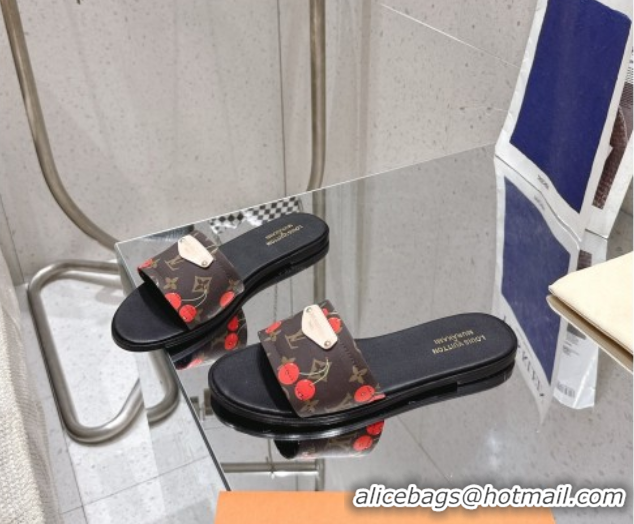 Discount Louis Vuitton LV x TM Lily Flat Slides Sandal in Calfskin with Luscious Cherry Brown 0607037