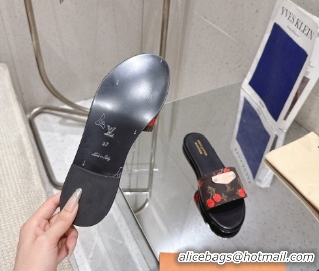 Discount Louis Vuitton LV x TM Lily Flat Slides Sandal in Calfskin with Luscious Cherry Brown 0607037